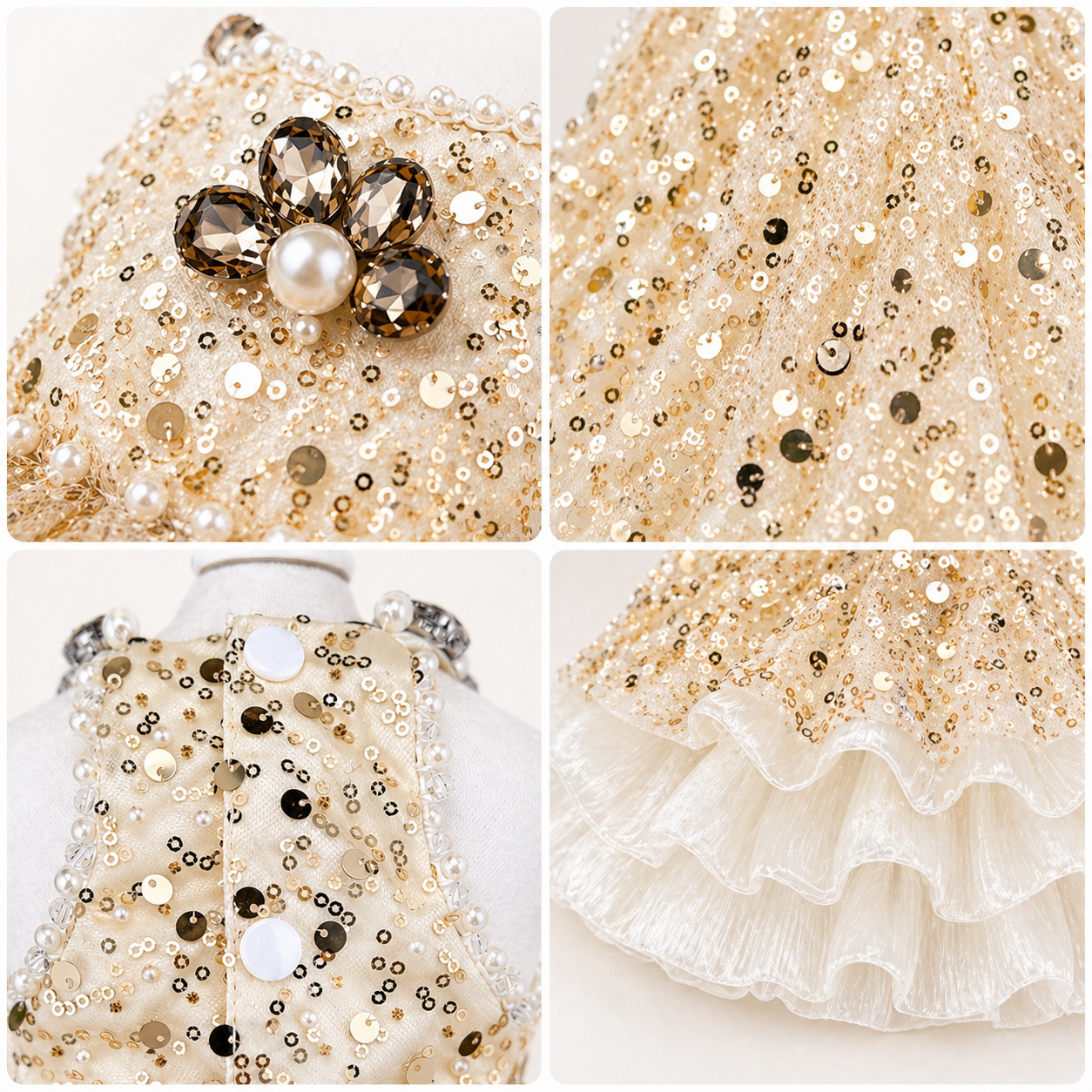 Gold Sequin Dog Wedding Dress with Pearl Detail