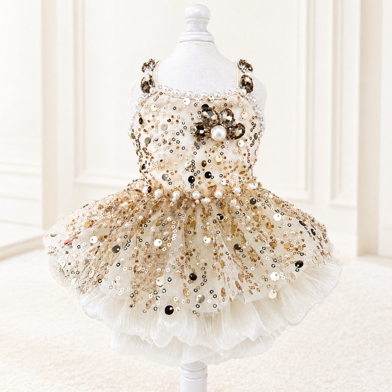 Gold Sequin Dog Wedding Dress with Pearl Detail