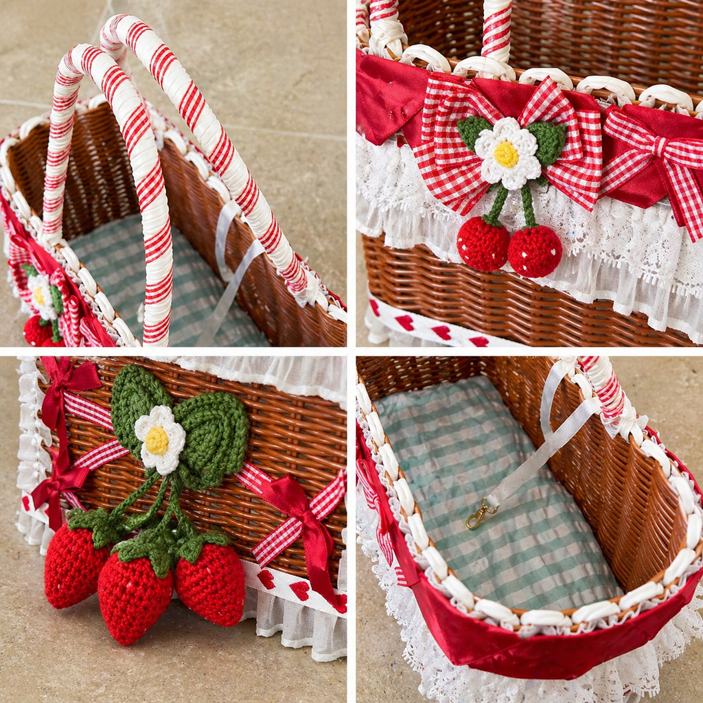 Strawberry Dog Carrier Basket – Cute Pet Travel Bag with Lace & Bow for Small Dogs