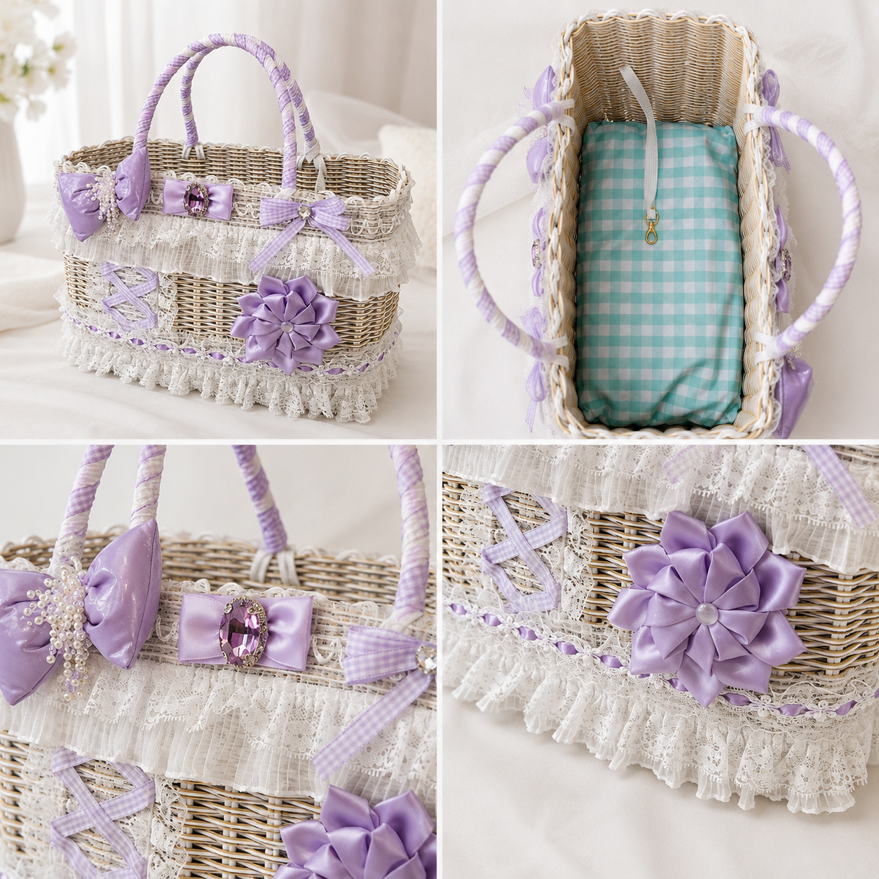 Luxury Lavender Lace Wicker Pet Carrier Basket for Small Dogs & Cats