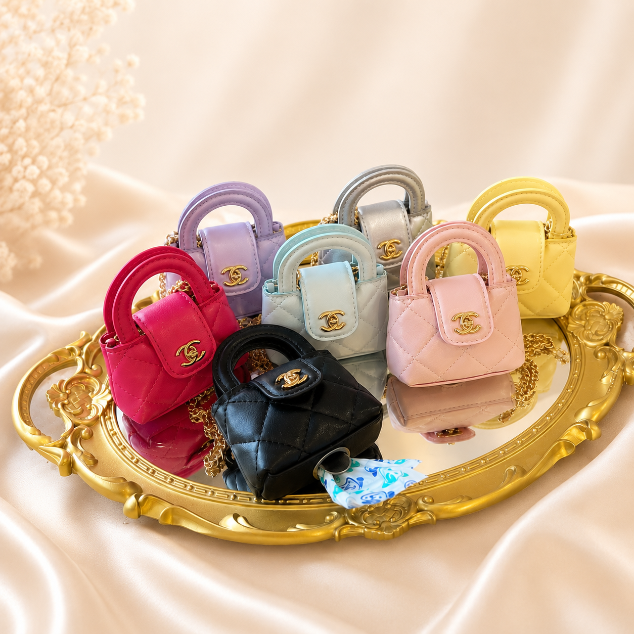 Boutique Mini Waste Bag Holder for Dogs – Quilted Pet Poop Bag Dispenser Purse with Gold Chain