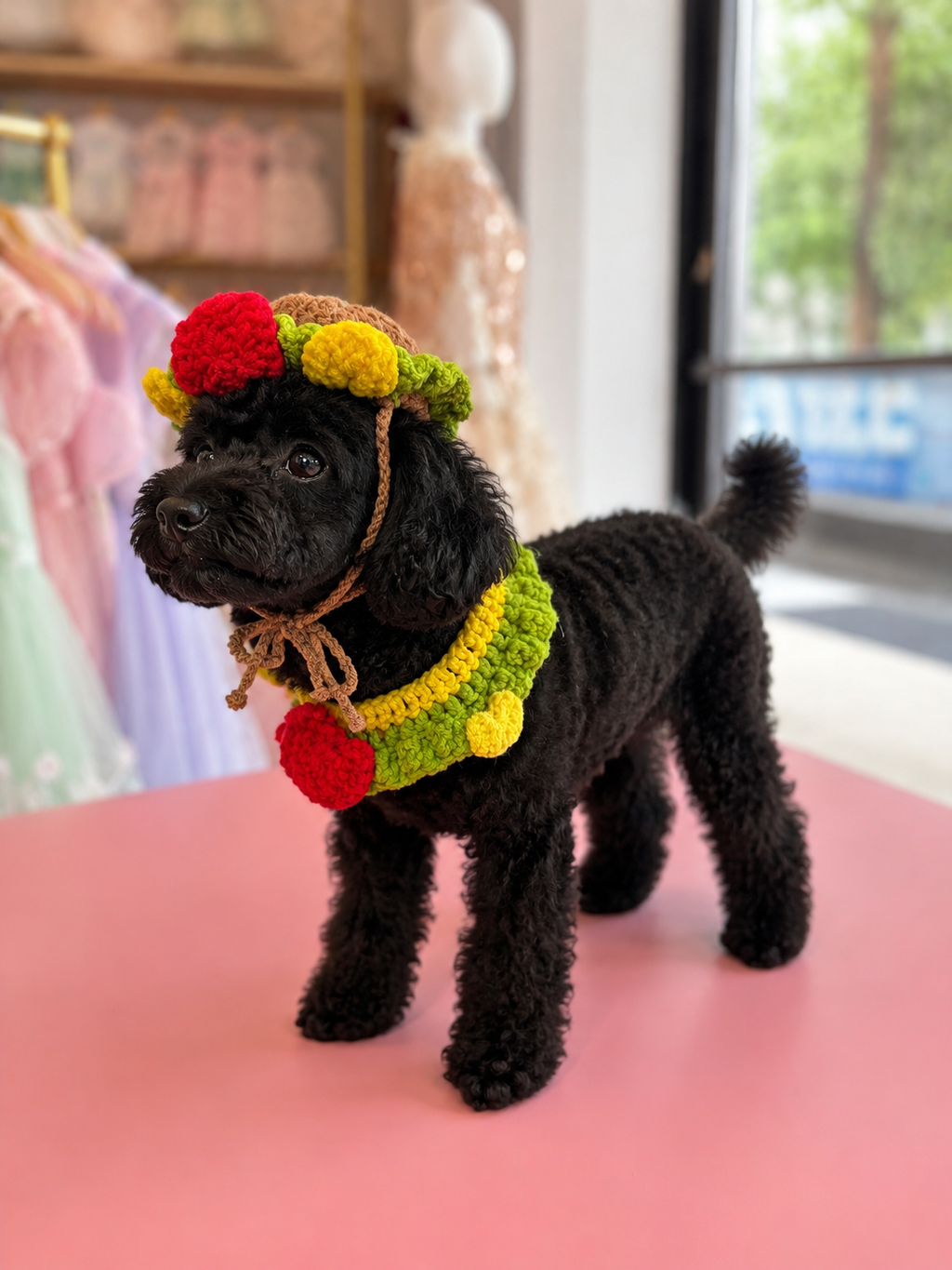 Handmade Crochet Strawberry Hamburger Dog Hat & Matching Bib Set – Cute Pet Photo Outfit for Small Dogs and Cats