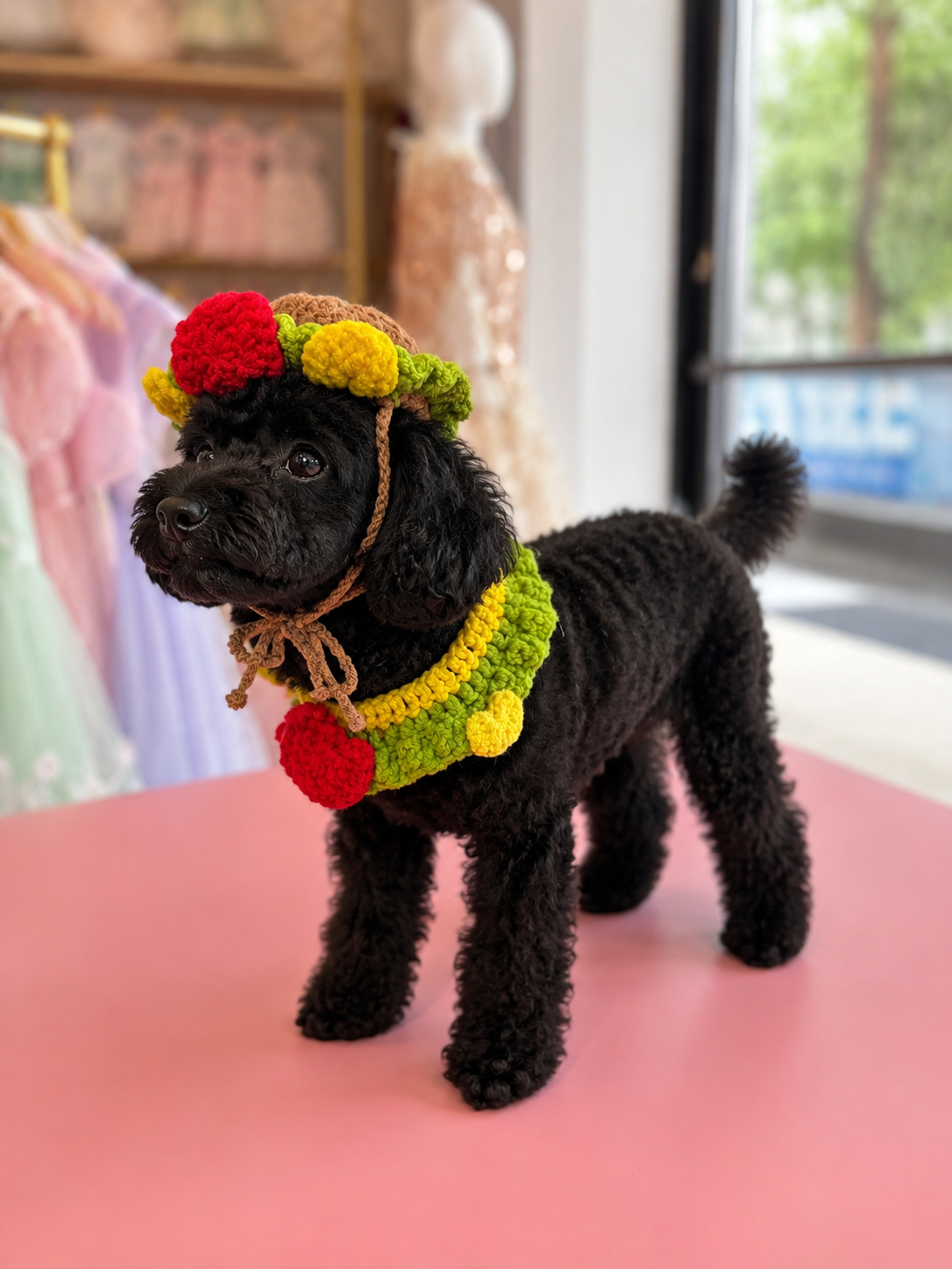 Handmade Crochet Strawberry Hamburger Dog Hat & Matching Bib Set – Cute Pet Photo Outfit for Small Dogs and Cats