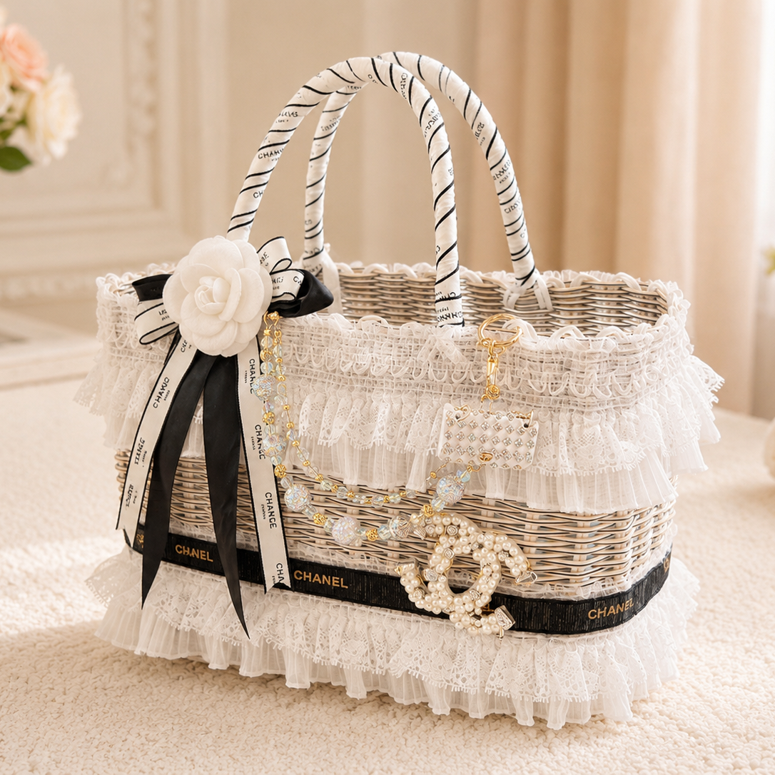 Luxury Lace Pet Carrier Bag Elegant Wicker Dog Tote with Pearl Charm Princess Style Small Dog Travel Basket