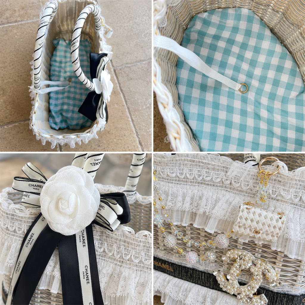 Luxury Lace Pet Carrier Bag Elegant Wicker Dog Tote with Pearl Charm Princess Style Small Dog Travel Basket