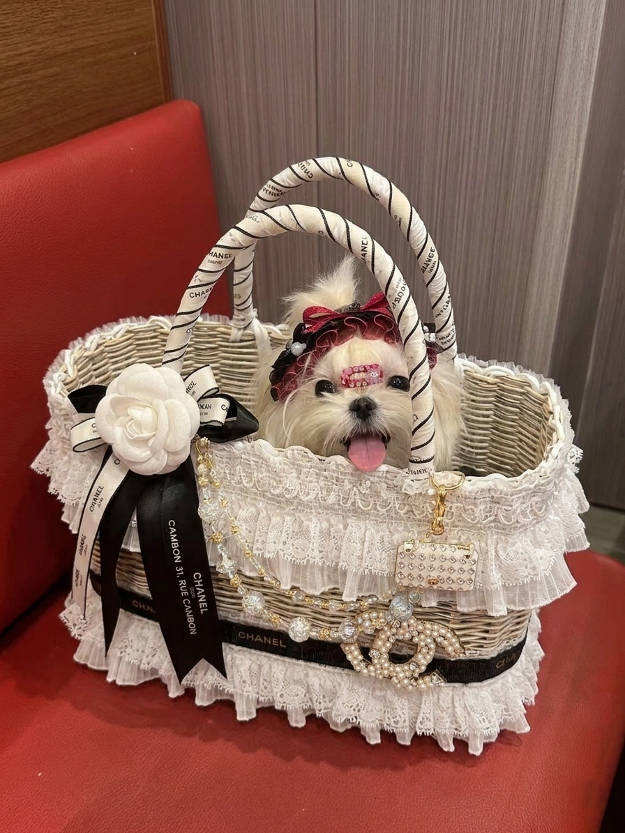 Luxury Lace Pet Carrier Bag Elegant Wicker Dog Tote with Pearl Charm Princess Style Small Dog Travel Basket