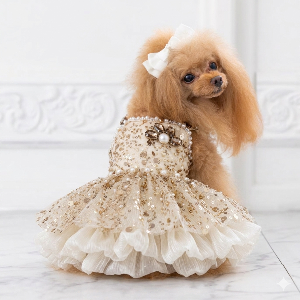 Gold Sequin Dog Wedding Dress with Pearl Detail