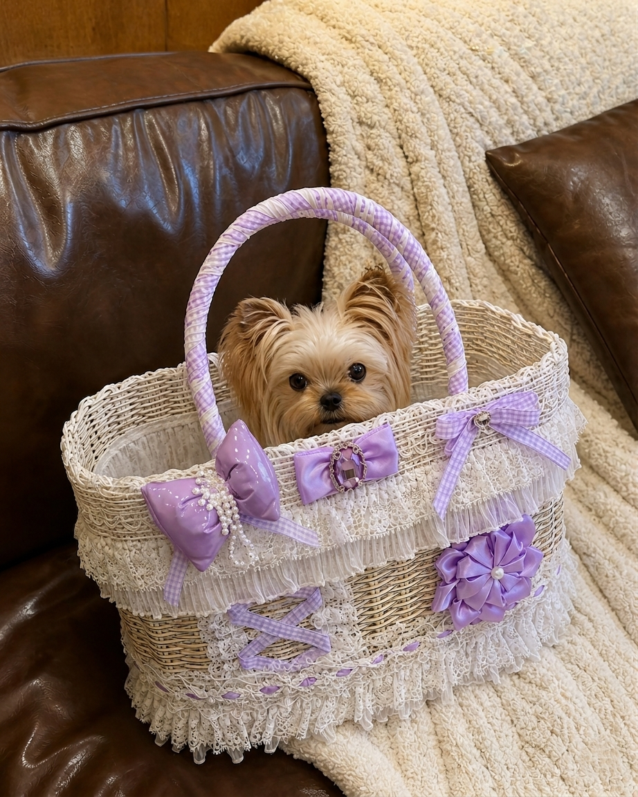 Luxury Lavender Lace Wicker Pet Carrier Basket for Small Dogs & Cats