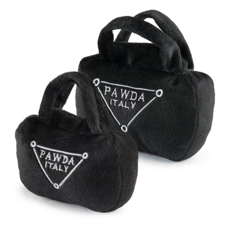Black plush dog handbag toy with embroidered PAWDA ITALY logo and round handles, squeaker style