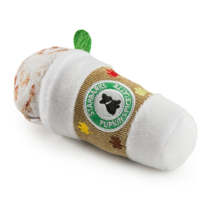 Side view of plush cup-shaped dog toy with Starbarks embroidered logo, green sprout ear