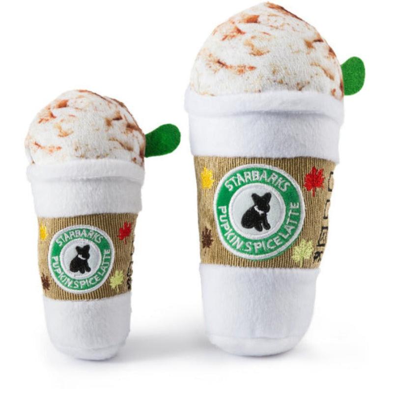 Plush dog toy set: small and large cup shapes with Starbarks embroidered logo, green ears