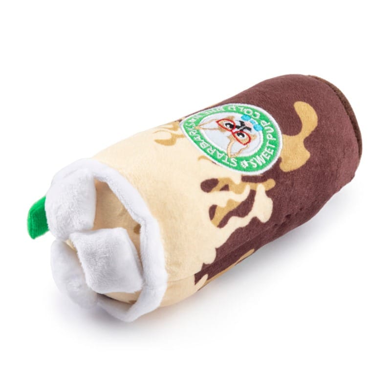 Plush cold brew cup dog toy, side view with green garnish and stitched pup logo patch