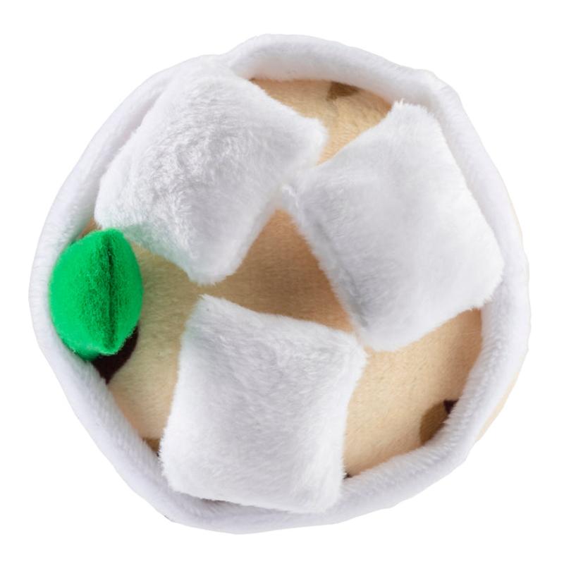 Plush cold brew cup dog toy interior with white plush lining and green garnish accent