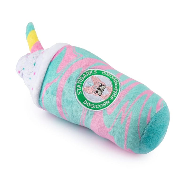 Unicorn-horn plush dog drink toy in teal and pink stripes with round logo patch