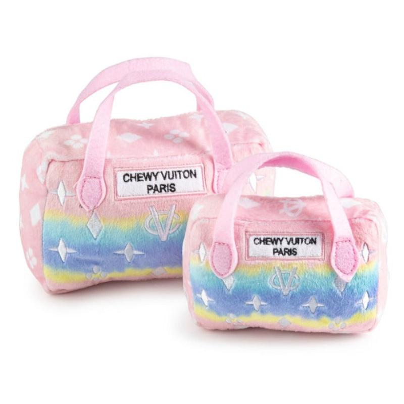 Set of plush squeaky dog handbag toys, pink-blue ombre with stars and CHEWYVUITON PARIS patches
