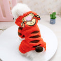 Tigger pet costume, plush orange suit with black stripes, character face hood and paw feet