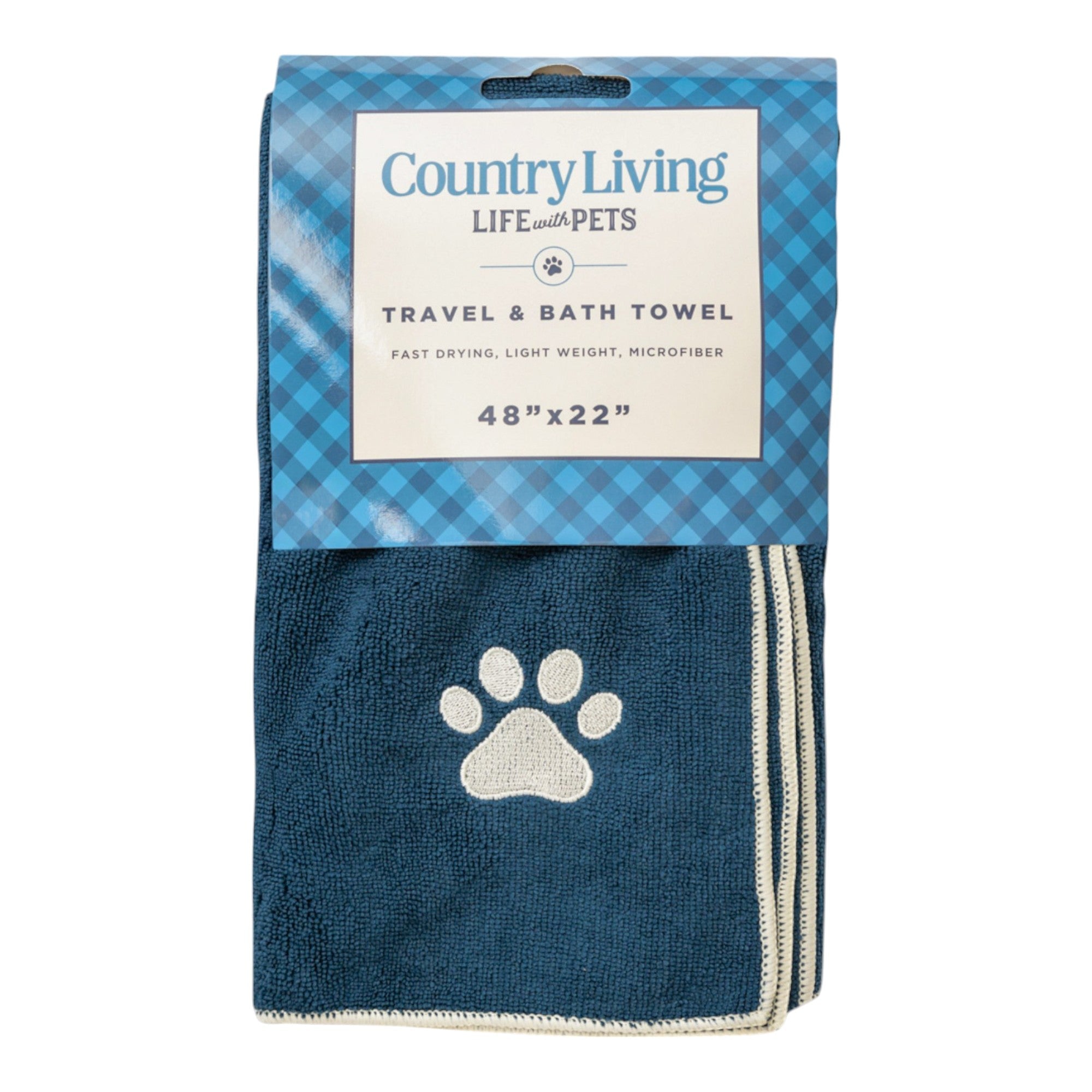 Country Living Large Marine Blue Microfiber Dog Bath Towel with Embroidered Paw Print