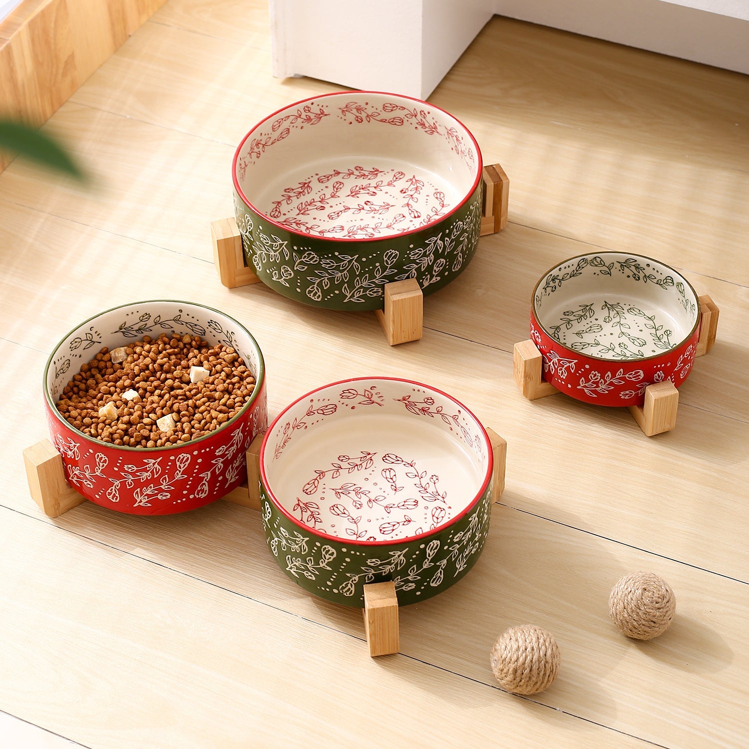 Pet Ceramic Bowl With Stand Garden Pattern