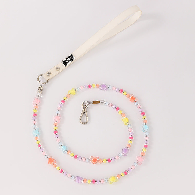 Beaded Dog Leash with Pastel Heart Charms – Handmade & Lightweight