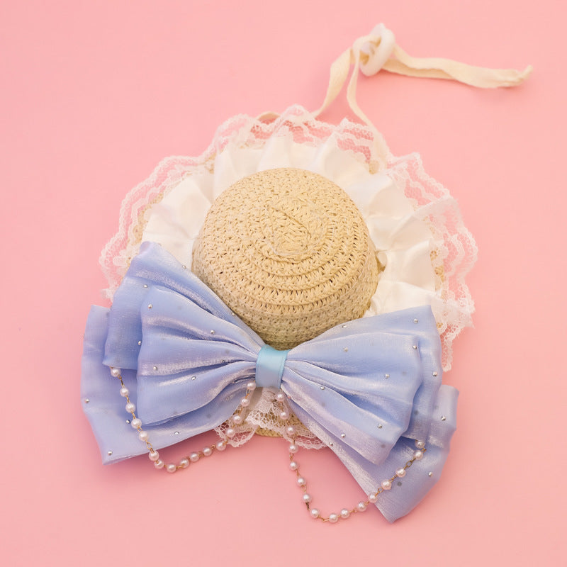 Straw Pet Hat with Lace & Bow Decoration
