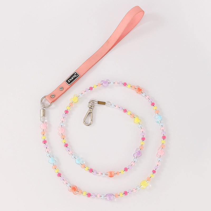 Beaded Dog Leash with Pastel Heart Charms – Handmade & Lightweight
