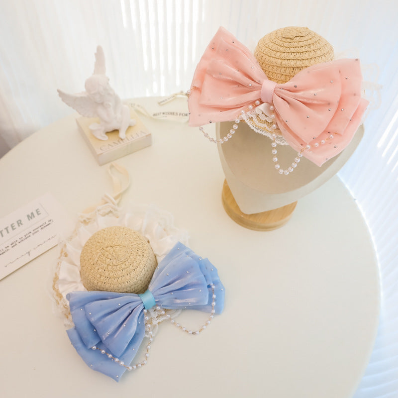Straw Pet Hat with Lace & Bow Decoration