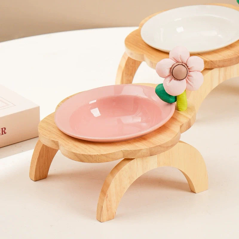Elevated Ceramic Dog Bowl with Stand Wooden Raised Pet Feeder Anti-Spill Cat Dog Bowl for Small Dogs Neck Protection Feeding Stand