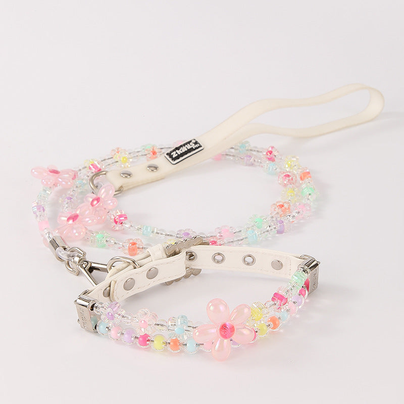 Beaded Flower Dog Collar and Leash Set – Pastel Charm Design