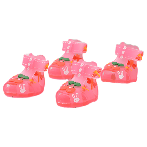 Pink jelly dog sandals with adjustable strap, bunny and cherry motifs