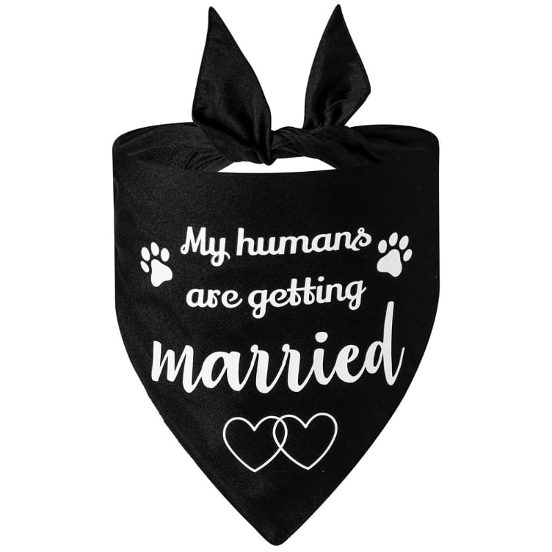 Black dog bandana with paw prints, 'getting married' text, and heart eyes graphic