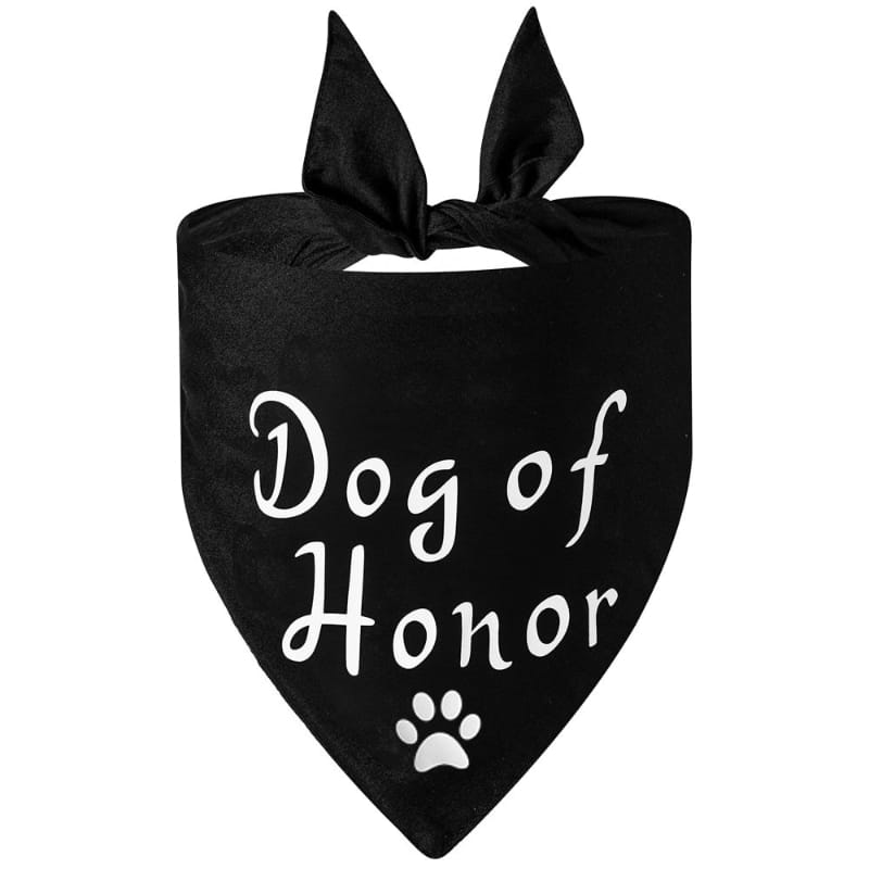 Dog bandana with paw print and “Dog of Honor” text, black with white graphics