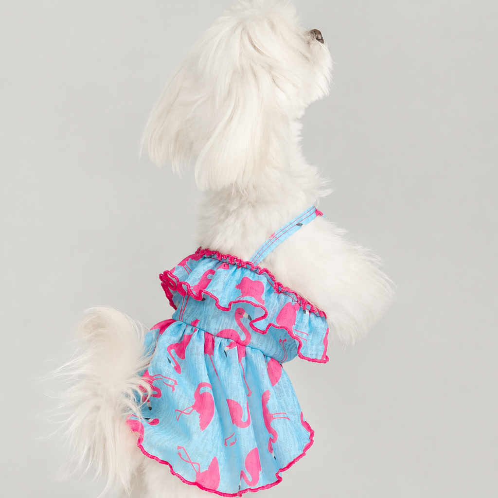Blue Flamingo Ruffle Dog Dress