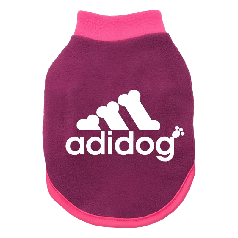 Purple fleece zip-up dog top with pink collar trim and adiidog logo