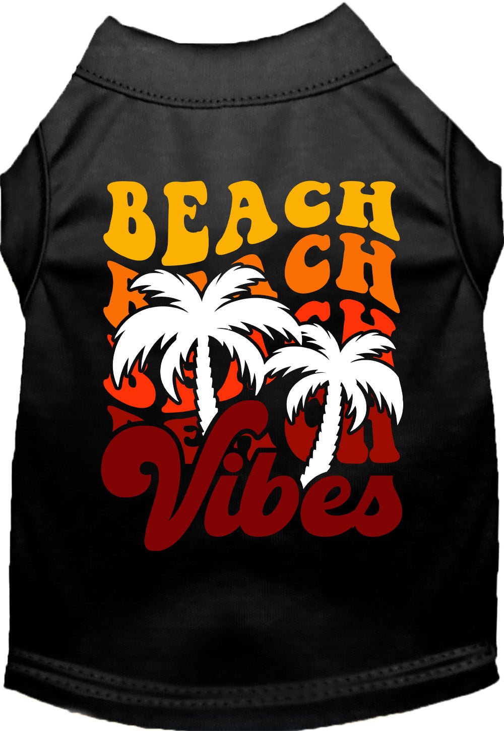 Black pet shirt with “BEACH CH Vibes” text and palm tree graphic on back
