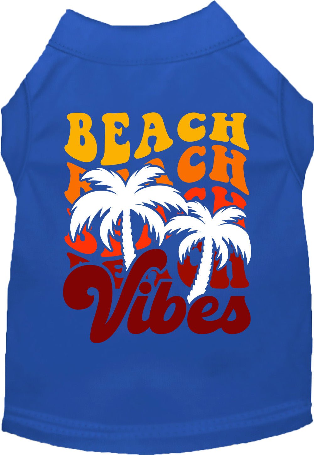Royal blue pet shirt with “BEACH CH Vibes” text and palm tree graphic on back