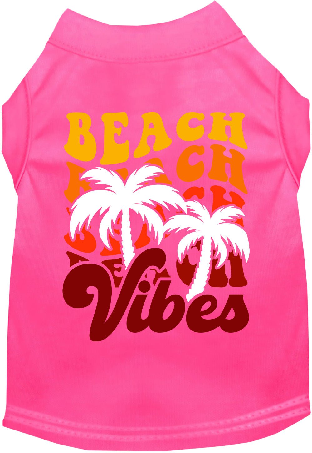 Pink pet shirt with “BEACH CH Vibes” text and palm tree graphic on back