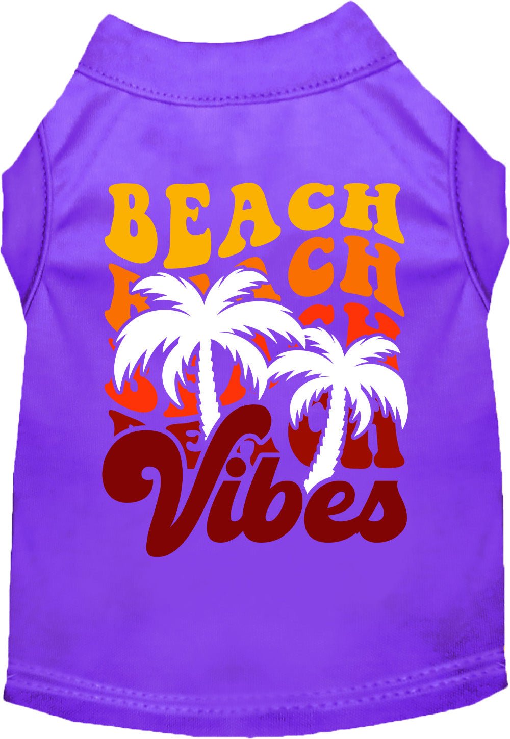 Purple pet shirt with “BEACH CH Vibes” text and palm tree graphic on back