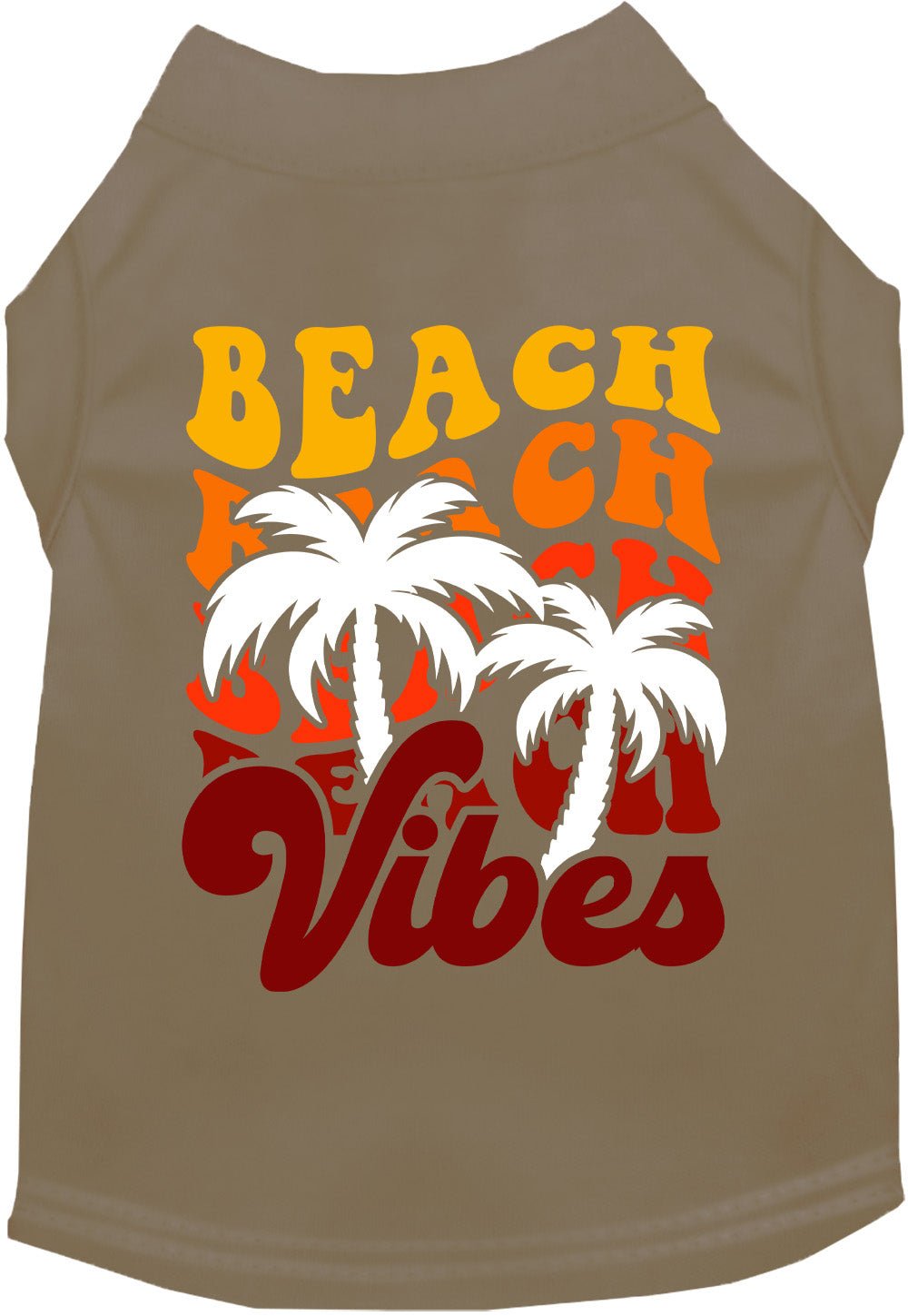 Tan pet shirt with “BEACH CH Vibes” text and palm tree graphic on back