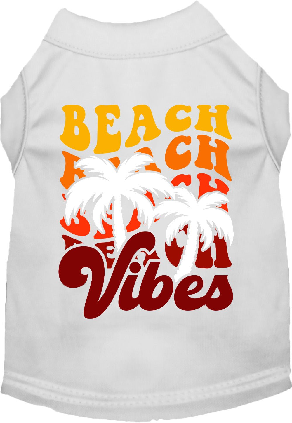 White pet shirt with “BEACH CH Vibes” text and palm tree graphic on back