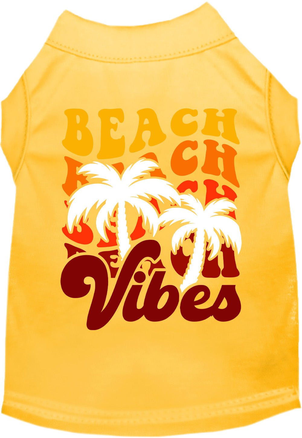 Yellow pet shirt with “BEACH CH Vibes” text and palm tree graphic on back