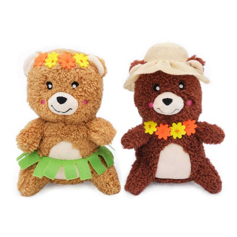 2-pack plush dog toys: tan bear with flower bandana, dark brown dog with hat