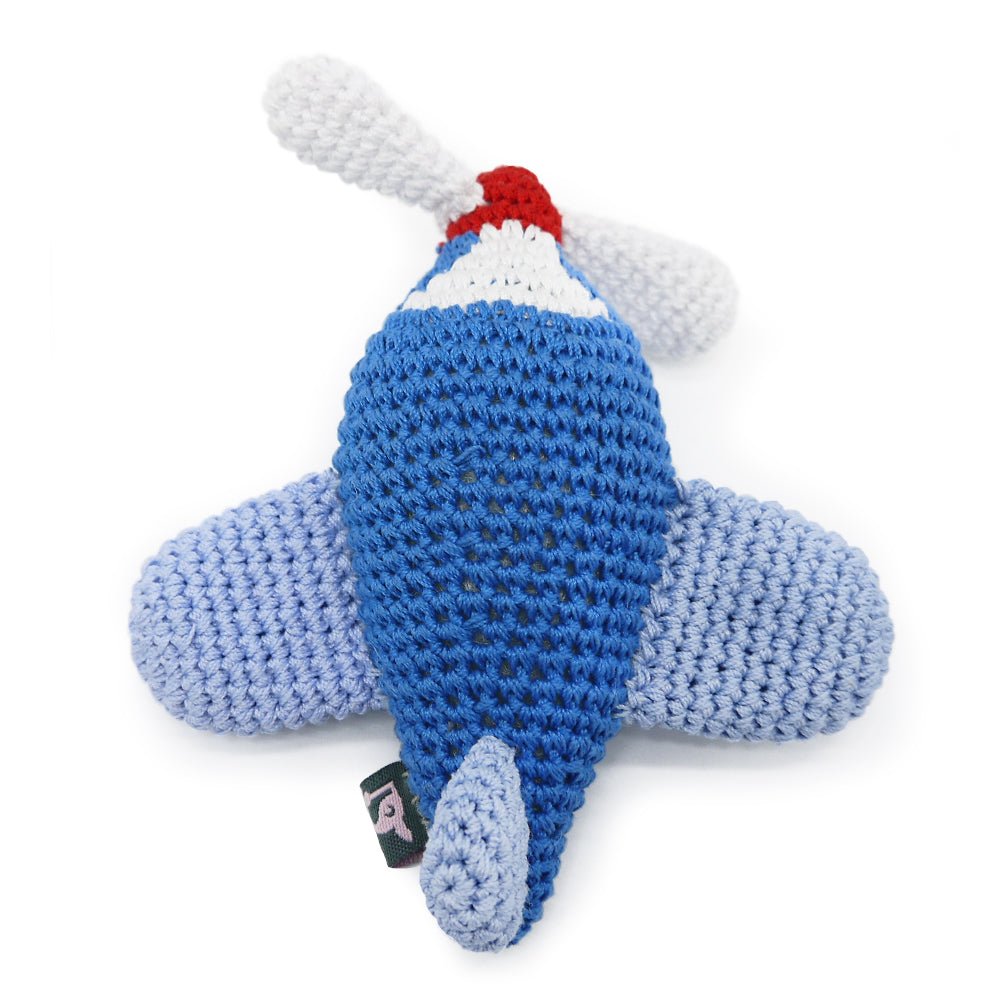 Crochet airplane toy with blue fuselage, light-blue wings, red-and-white tail