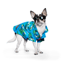 Light blue pet aloha shirt with tropical palm and surfboard prints