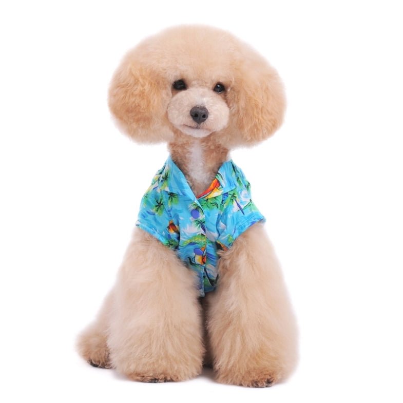 Light blue tropical pet shirt with short sleeves and colorful palm prints