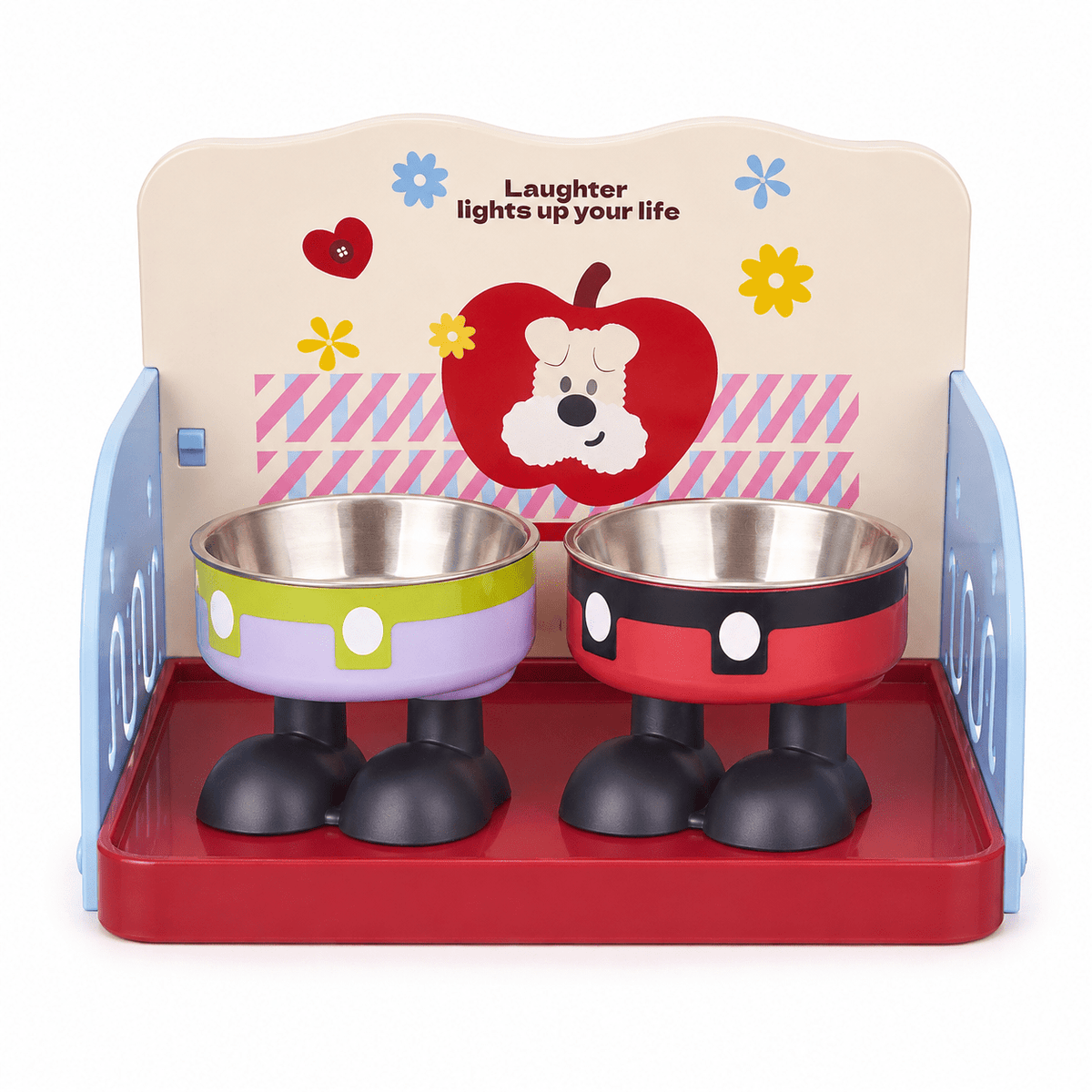 Anti-spill pet feeding tray with splash guard, red base with purple and red bowls
