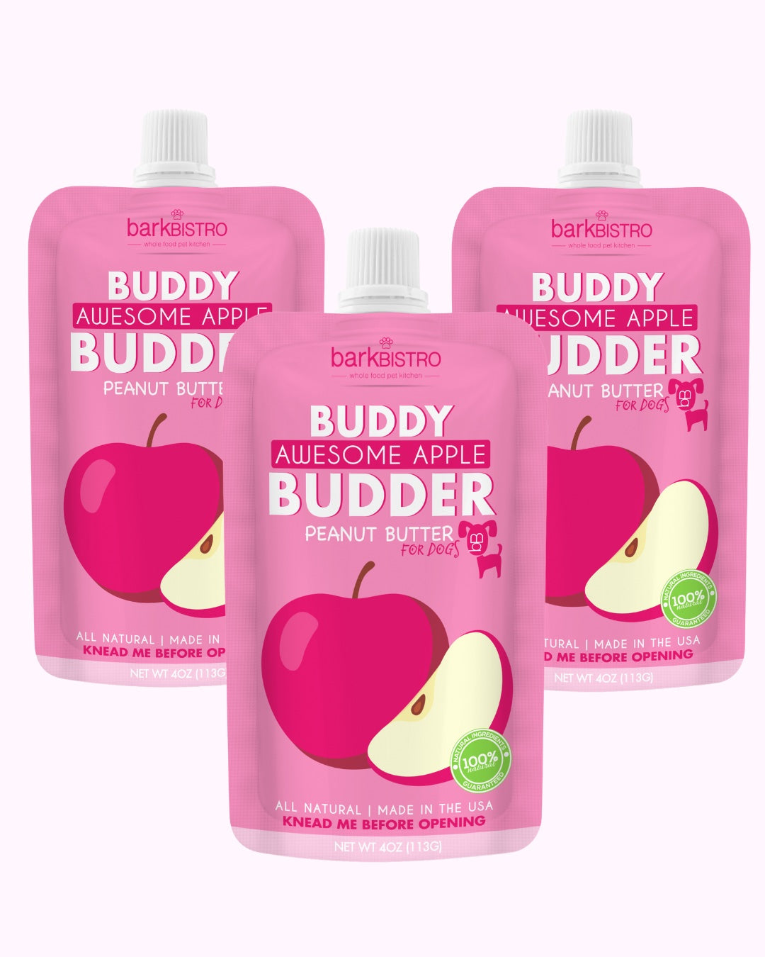 Awesome Apple  Buddy Budder Bundle (Trio 4oz Squeeze Packs) - 100% all natural dog peanut butter, Made in USA