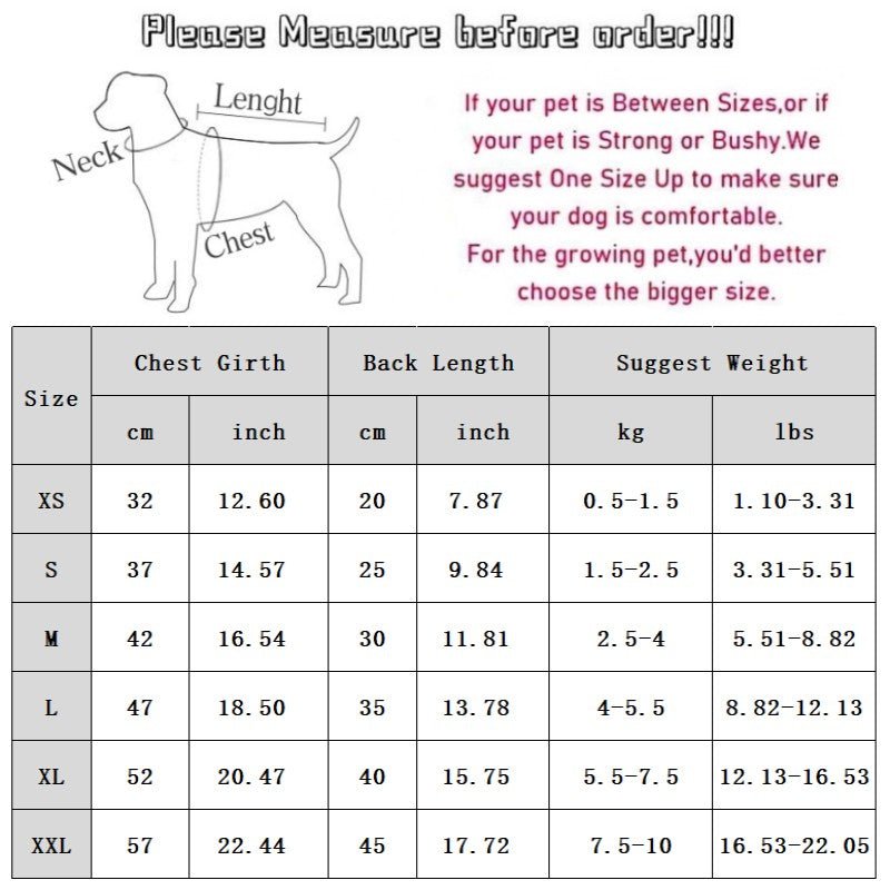 Dog jacket size chart with neck, chest girth, back length, and suggested weight table