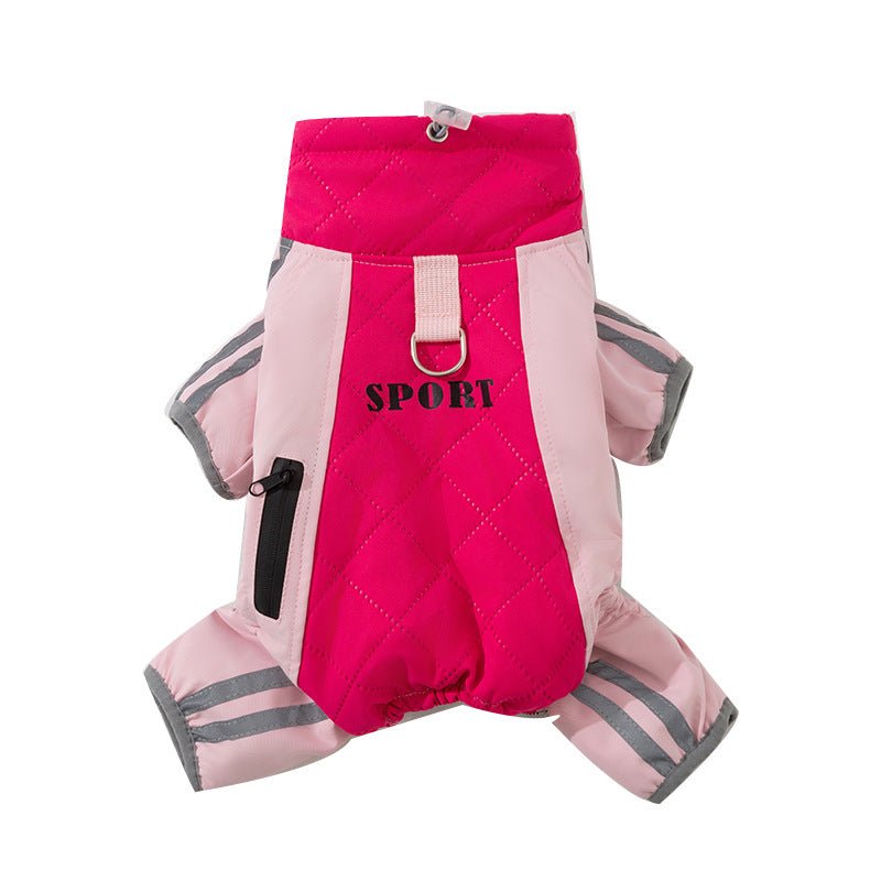 Pink dog winter jacket back view with reflective straps and 'SPORT' leash connector