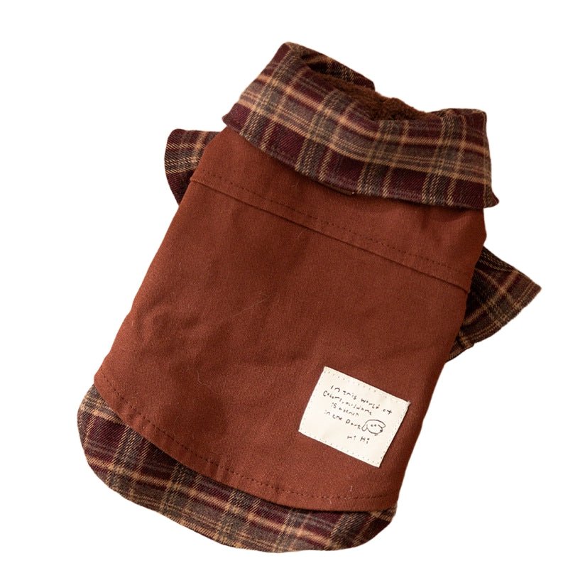 Brown dog skirt with plaid trim, ruffled collar, and stitched back panel