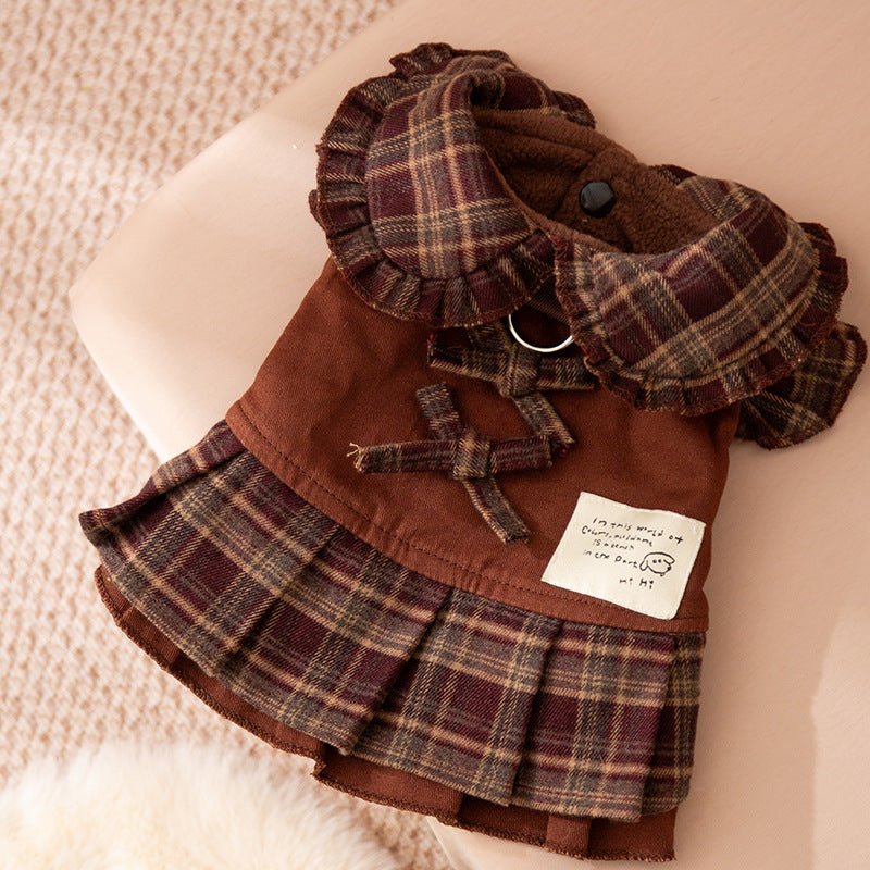 Brown dog skirt set with plaid check layered ruffle collar, front bow, and leash ring
